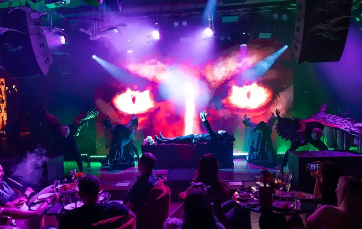 Themed stage show with large LED eyes at a party in Dubai