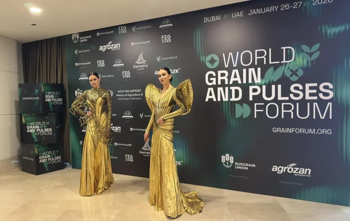 Performers in gold costumes at the World Grains and Pulses Forum 2026 in Dubai